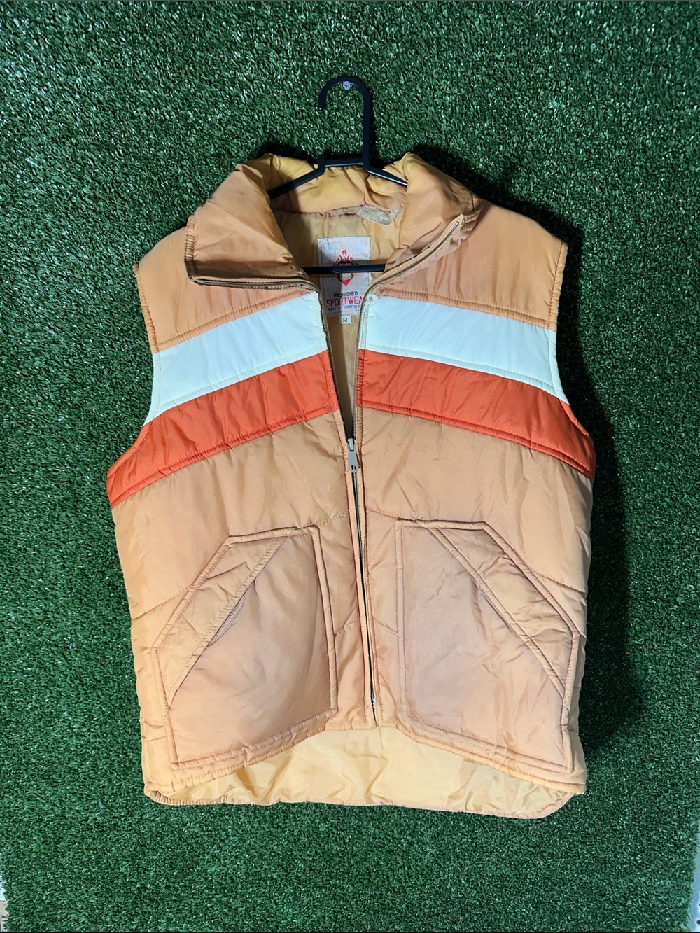 80s Orange Puffer Vest with White & Orange Stripes